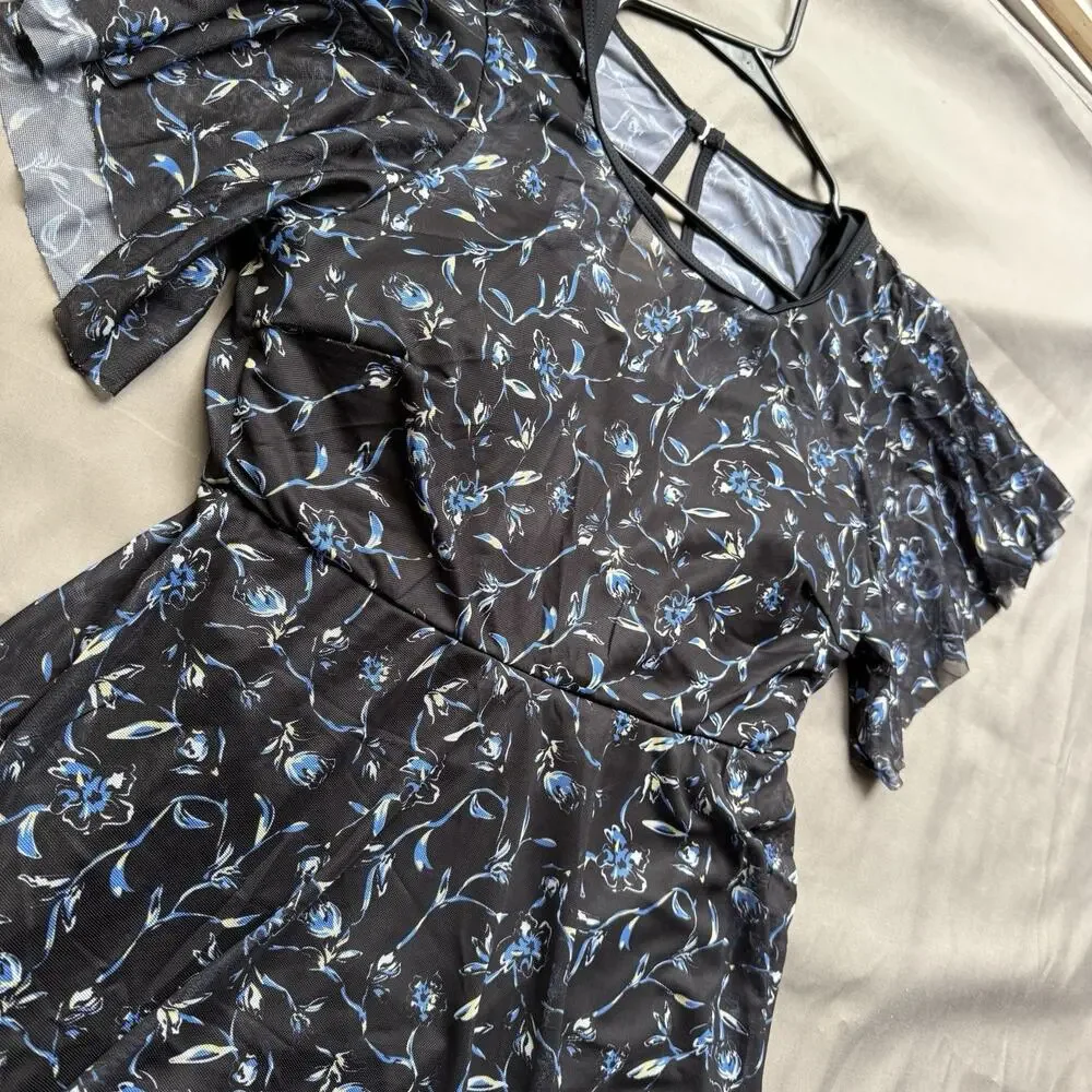 Bloomchic Swim Dress Womens 10 Black Blue Cover Up One Piece Swimsuit Floral